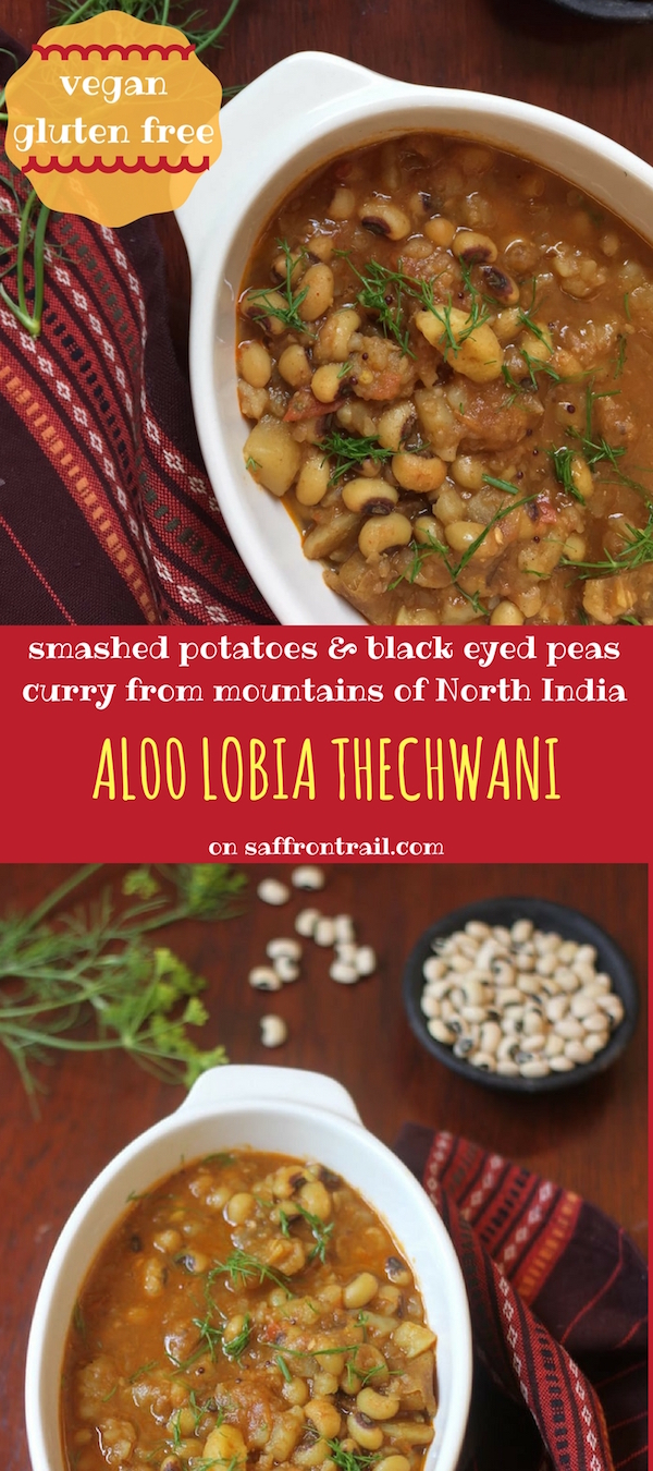 Thechwani is a rustic curry from Uttarakhand, a mountainous state in North India. This dish is made using smashed potatoes and/or radishes. Try out my version that uses black eyed peas and potatoes.