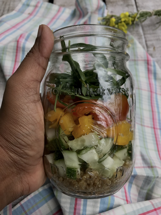 Mediterranean quinoa salad in a mason jar