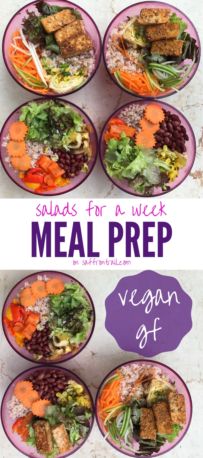 Meal Prep Ideas Vegan Salads for 1 week - Around an hour of work and you have a week's worth of healthy salads ready - vegan and gluten free too! Get all the necessary resources in this post.