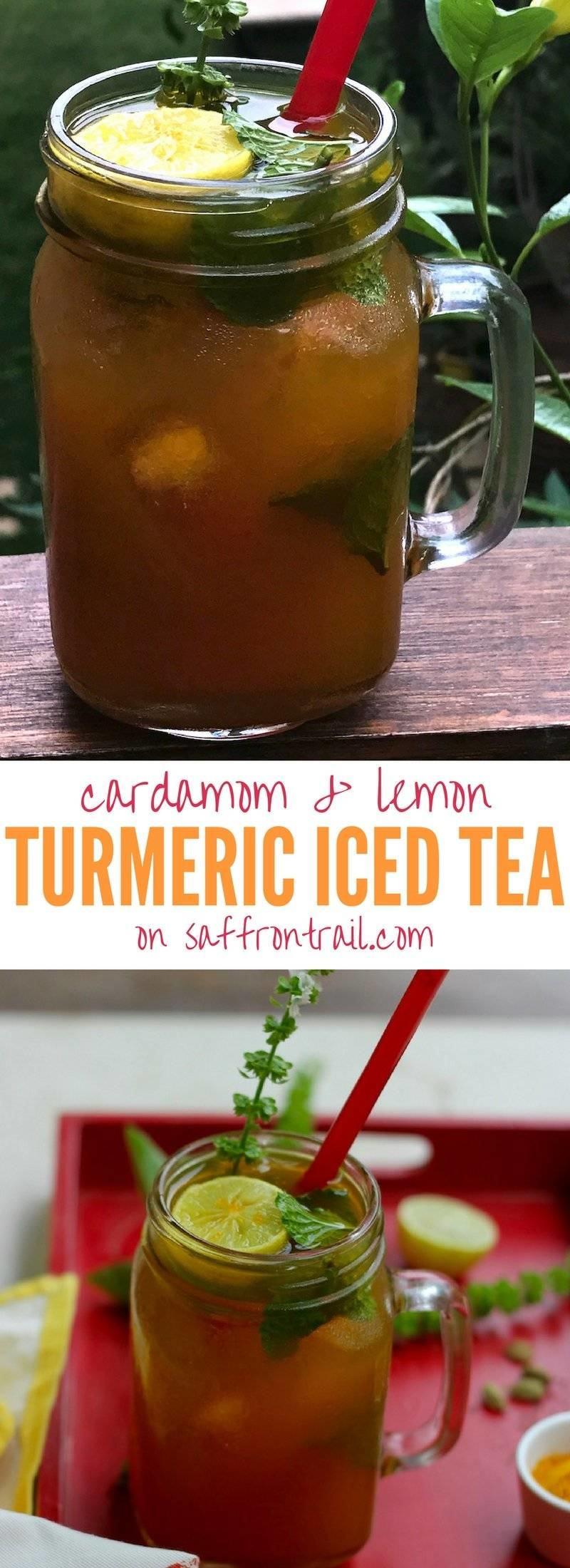 Recipe for a soothing turmeric iced tea infused with green cardamom and a squeeze of lemon, a perfect drink for hot summer afternoons