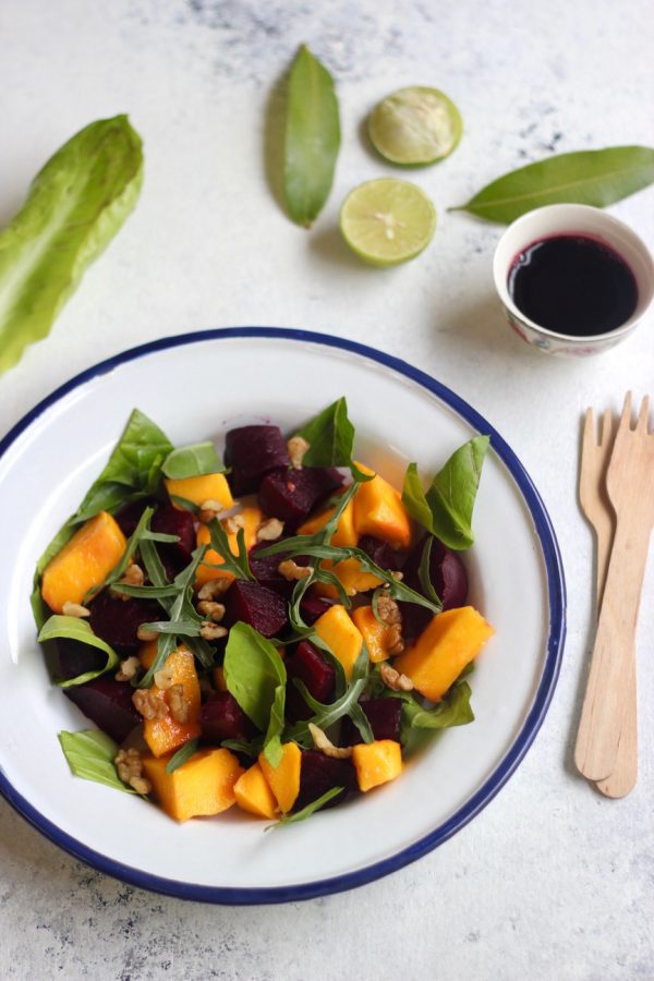 Beet and Mango Salad with a zero oil beet dressing | Saffron Trail