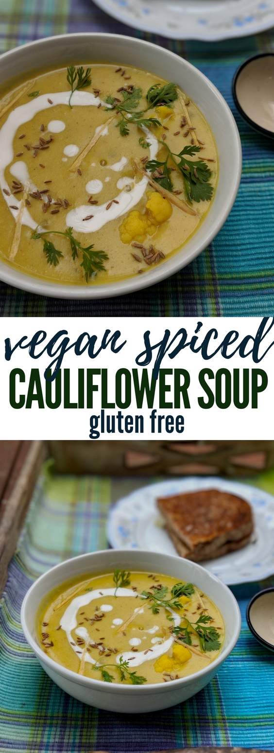 This vegan and gluten free creamy cauliflower soup has flavours of an Indian curry. This spiced soup is thick and hearty-- pairs well with crusty bread