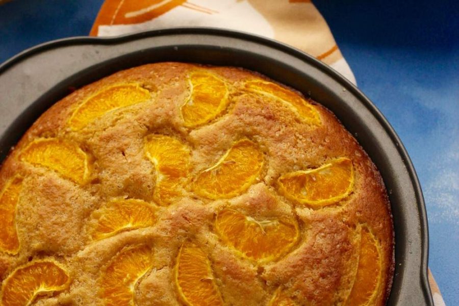 mandarin orange cake made using whole wheat flour and olive oil