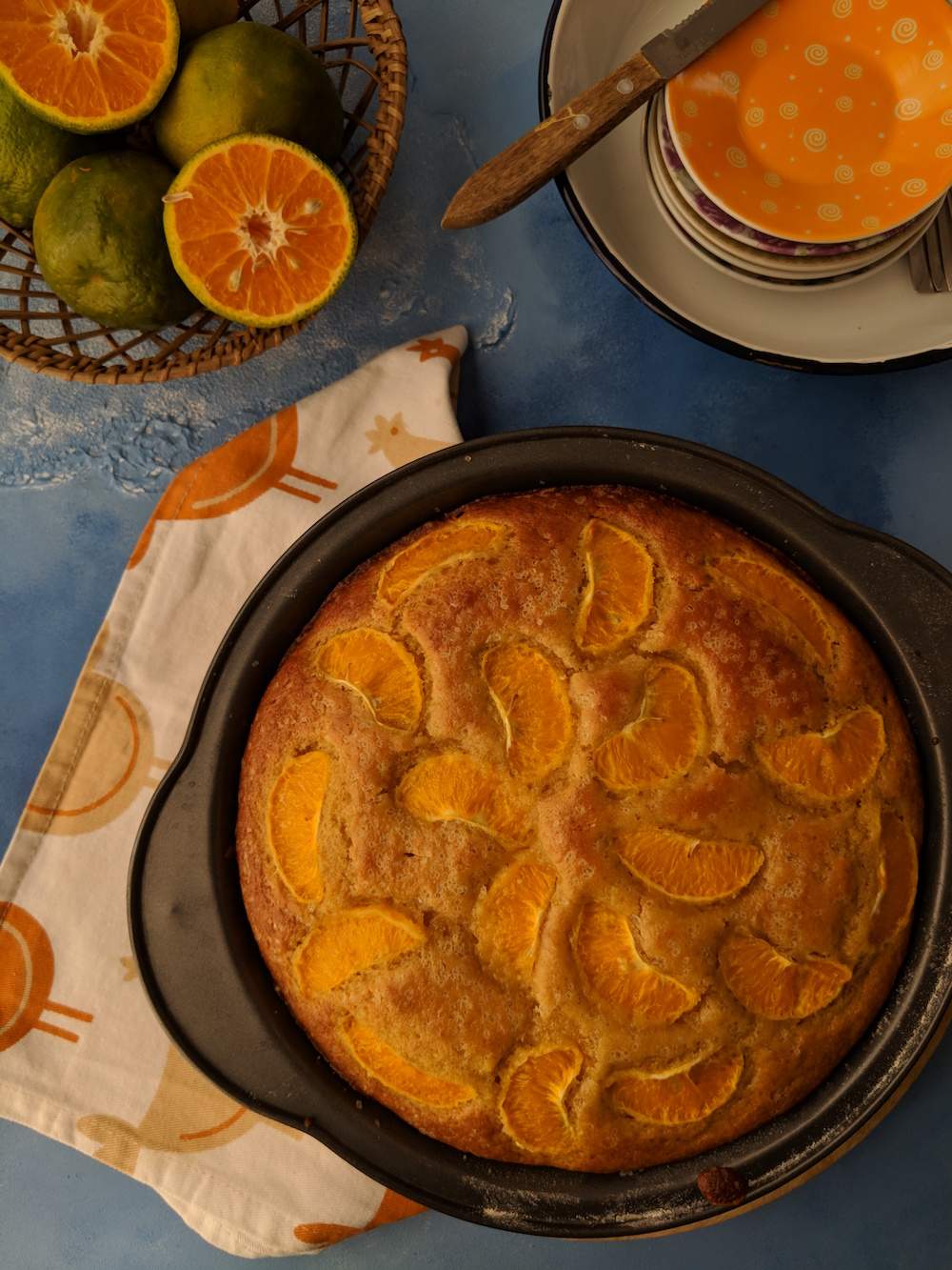 mandarin orange cake made using whole wheat flour and olive oil