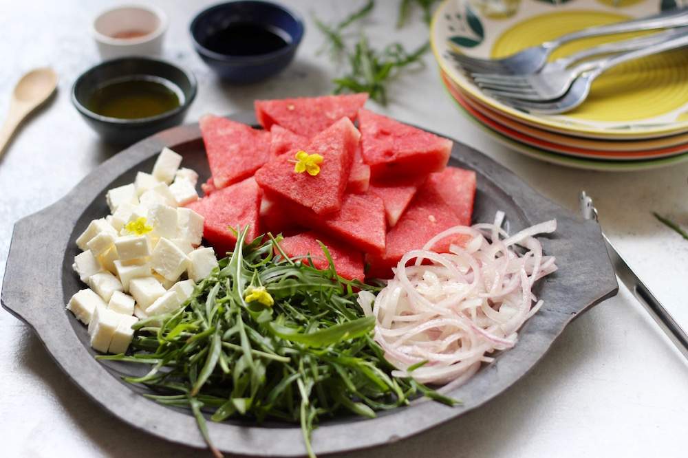 watermelon feta salad platter arugula